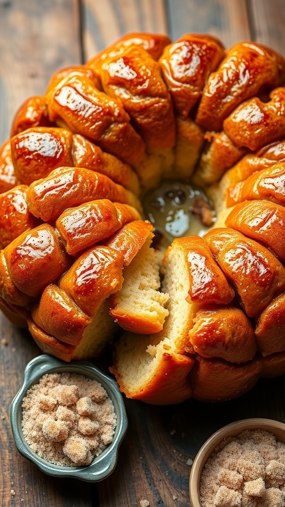 Golden-brown monkey bread on a wooden table, showcasing its pull-apart texture and cinnamon-sugar coating.